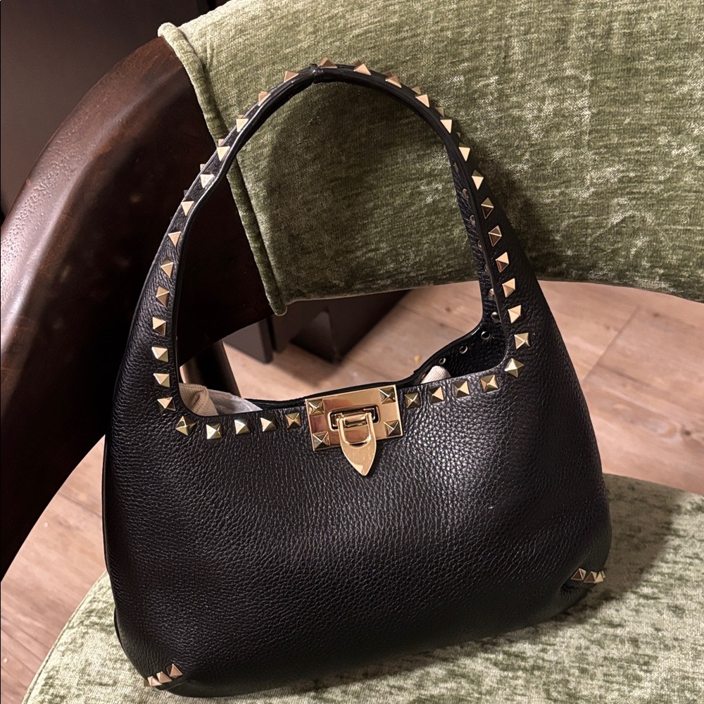Valentino Garavani Black Shoulder Bag with Gold Rockstuds